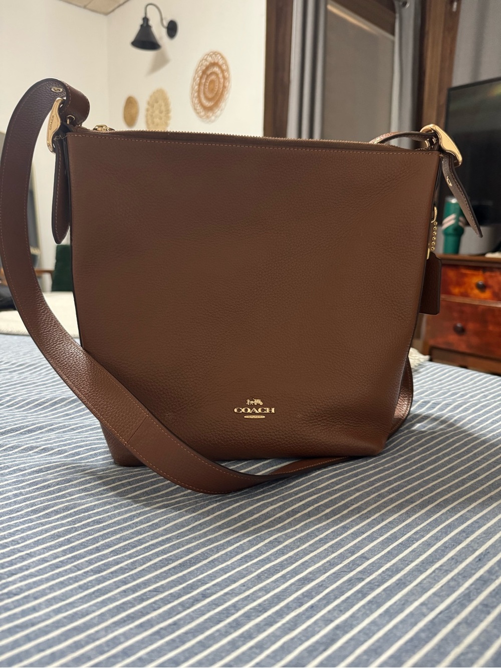 Coach Camel Brown Leather Crossbody Tote with Gold Zipper Detail